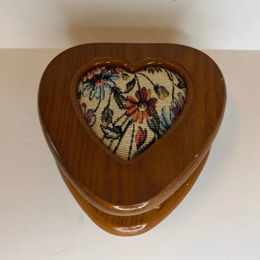 Vintage Heart Shaped Wooden Jewelry Box Floral Needlepoint Trinket Box